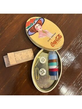 Vintage Rare Coca Cola Sewing Kit in Metal Oval Tin almost Excellent Never used
